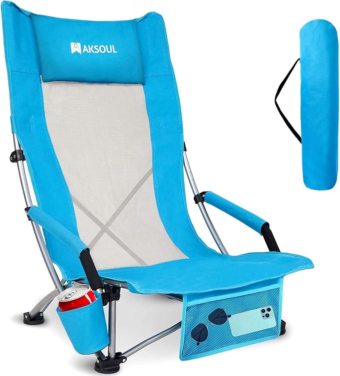 AKSOUL Folding Beach Chair for Adults: Low/High Back Chairs with Carry Bag - Extra Wide Seat Chair with Comfortable Pillow & Storage Pocket (1 Pack & 2 Pack, Blue)