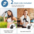 Volhoply 32 oz Insulated Water Bottle with Straw Lid and Spout Lid,Stainless Steel Sports Water Bottle,Double Wall Vacuum Cups,Leakproof Metal Flask with Wide Mouth for Hiking,Camping(Silver,1)