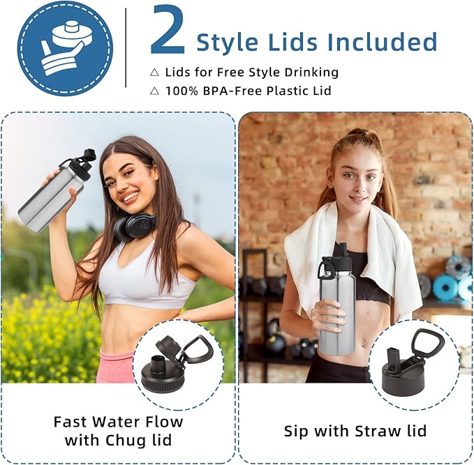 Volhoply 32 oz Insulated Water Bottle with Straw Lid and Spout Lid,Stainless Steel Sports Water Bottle,Double Wall Vacuum Cups,Leakproof Metal Flask with Wide Mouth for Hiking,Camping(Silver,1)