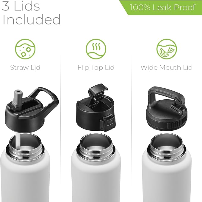SipX™ Triple-Insulated Stainless Steel Water Bottle 40oz. With 3 Lids, BPA-Free Reusable Insulated Water Bottle Keeps Cold 24 Hours, Metal Water Bottle Made Of Sustainable Material For Hiking & Biking