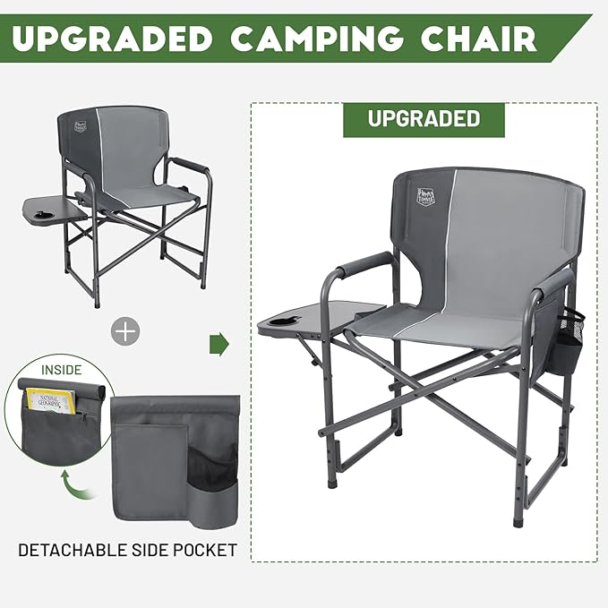 TIMBER RIDGE Aluminum Oversized Camping Chair, Lightweight Portable Directors Chair with Side Table Detachable Side Pocket for Outdoor Camping, Lawn, Picnic, Support 400lbs Gray
