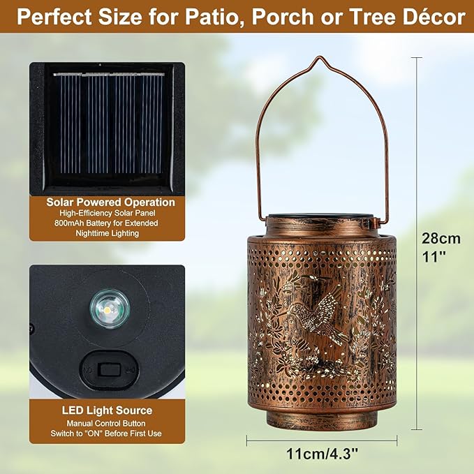 Solar Lanterns Outdoor Waterproof Hummingbird and Iris Garden Decor Gifts for Women Hanging Solar Lights with Metal Design Warm Light for Patio Yard Porch