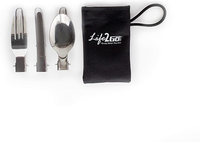 3-Piece Compact Camping Silverware & Utensil Set – Portable Cookware Kit for Hiking, Backpacking, Travel, BBQ & Grilling – Folding Reusable Stainless Steel Knife, Fork & Spoon in Tidy Black Bag