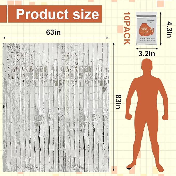 10 Pack Emergency Mylar Thermal Blankets - 63"x83" Extra Large Survival Space Blankets, Heavy Duty Reflective Camping Gear for First Aid, Hiking & Outdoor Safety (Gold-Sliver)