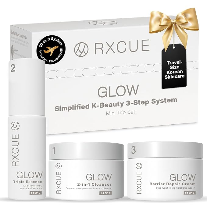 K Beauty Kit, 3 Steps Replace 10 Products - Korean Skin Care Set for Glass Skin, Rxcue Glow Patented 10-in-3 System™, TSA Approved Travel Size Cleanser + Essence + Cream, 1.01 fl oz ea