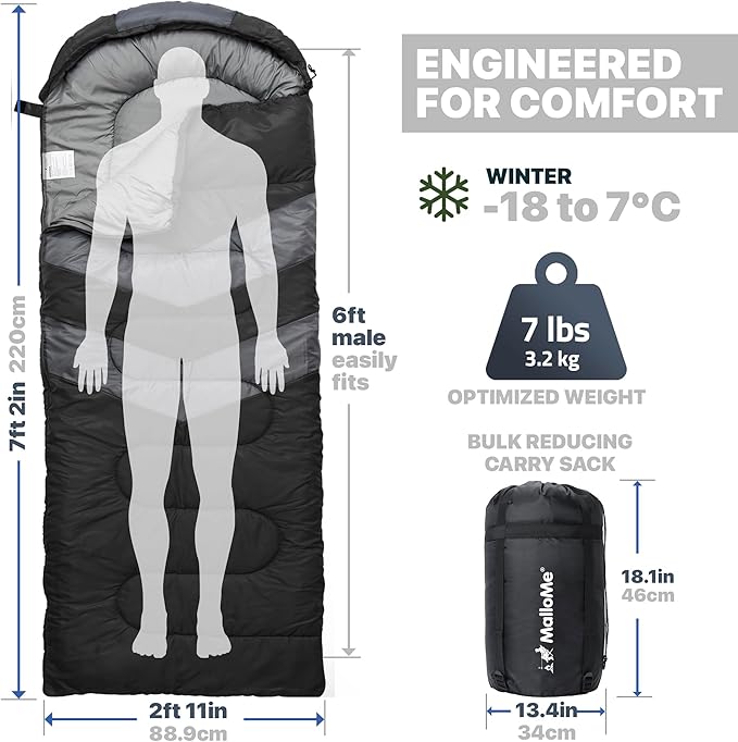 MalloMe Sleeping Bags for Adults Cold Weather & Warm - Backpacking Camping Sleeping Bag for Kids 10-12, Girls, Boys - Lightweight Compact Camping Essentials Gear Accessories Hiking Sleep Must Haves