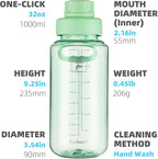 Fanhaw 32 oz Clear Water Bottle with Fast-Flow Spout Lid, BPA-Free Tritan, Wide Mouth, Leakproof, Reusable Bottle for Gym, School, Office, Travel (Glow Green)