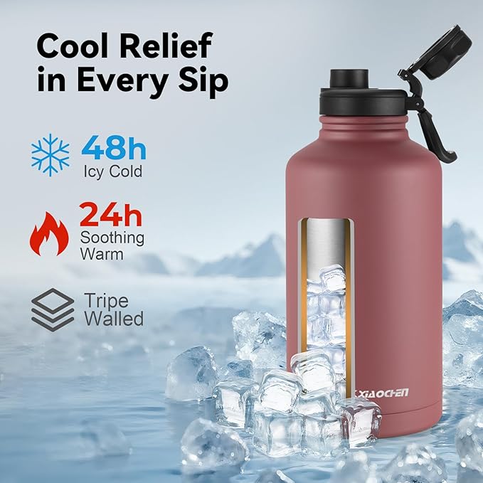 KXIAOCHEN Insulated Water Bottle, Stainless Steel Water Bottle, 2 Lids (Straw and Handle Lid),Wide Mouth Metal Water Bottles Keep Hot and Cold, Double Walled, Thermo Mug, Metal Canteen