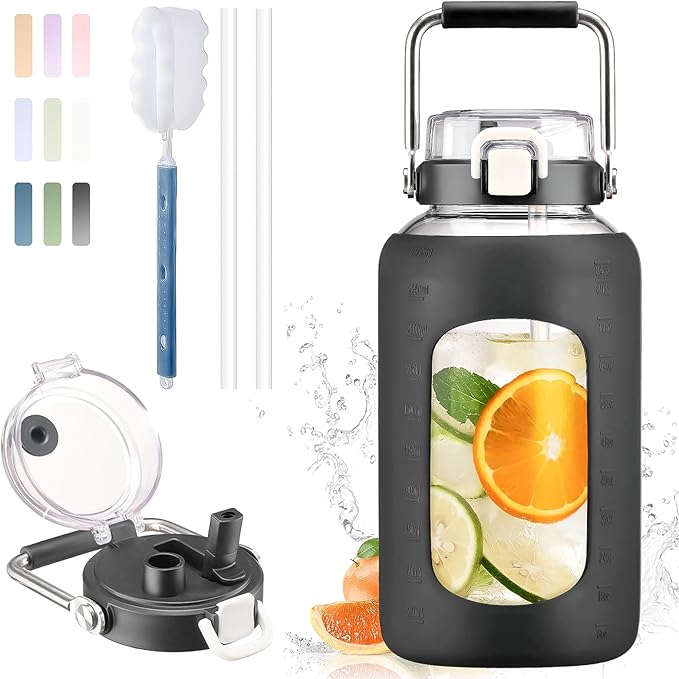 BLUEGO 84oz Water Bottle Glass with Stainless Steel Handle Large 2.5l Water Bottle with Time Markers and Silicone Sleeve Half Gallon Water Jug BPA Free for Gym Daily Use, Black