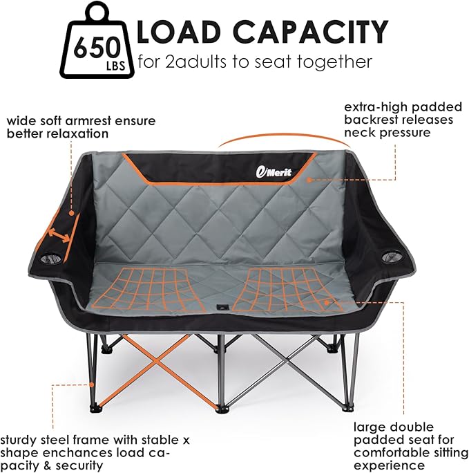 EMERIT Oversized Double Duo Camping Chair Folding Camping Loveseat 2 Person Camping Couch Heavy Duty Lawn Chairs for Outside with Padded Seats & Armrests-Support 650LBS