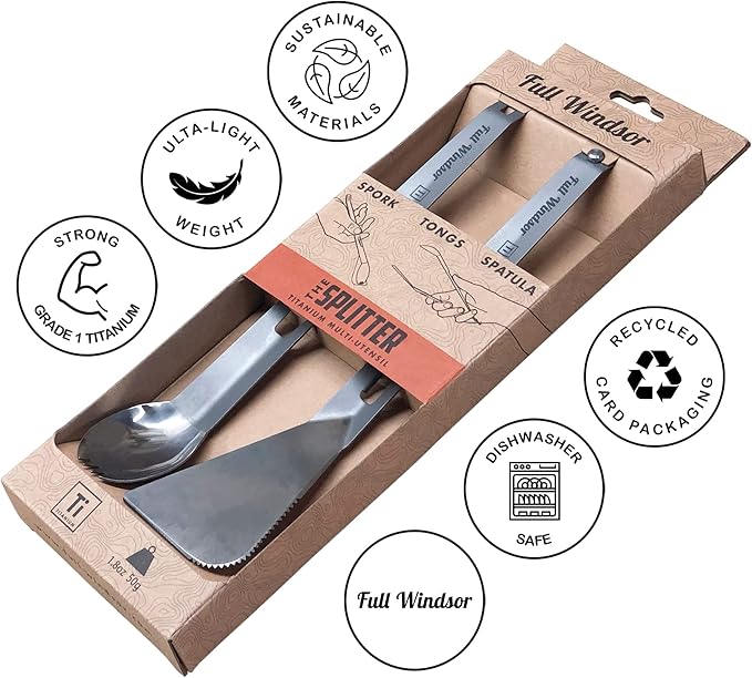 FULL WINDSOR - The Splitter Titanium Multi-Utensil Set – Compact, Lightweight Silver Spork, Tongs, Spatula & Ladle – Durable Cooking Kit for Camping, BBQ, Backpacking, Travel & Outdoor Adventures