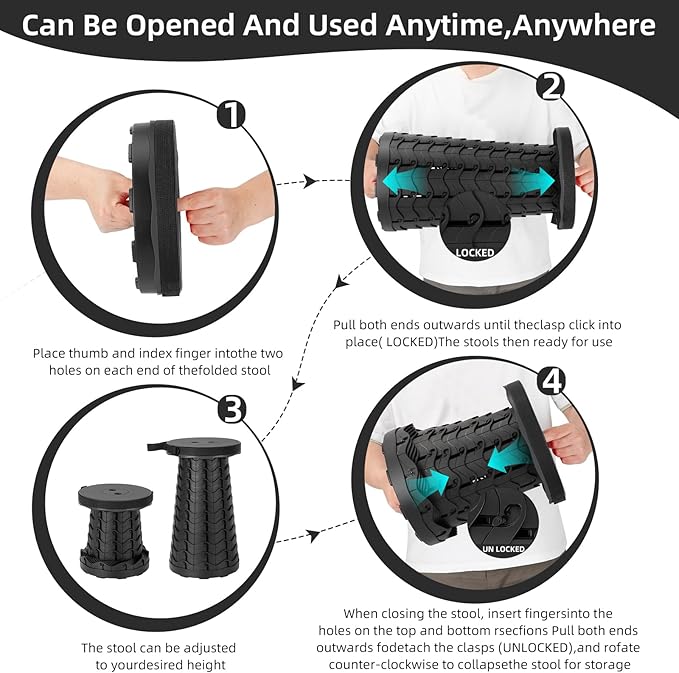 Collapsible Stool, Folding Chair - Upgraded Portable Chair with Load Capacity 400lbs, Portable Stool for Camping Fishing Hiking - Folding Tool with Carrying Straps,Gifts for Fisherman (Black)