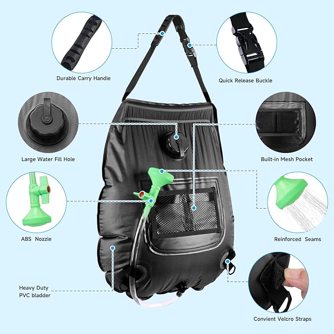 Solar Portable Shower Bag, 5 Gal/20L Solar Heating Outdoor Camping Shower Bag with On-Off Switchable Shower Head&Removable Hose Suitable for Camping, Hiking, Travel, Beach Swimming