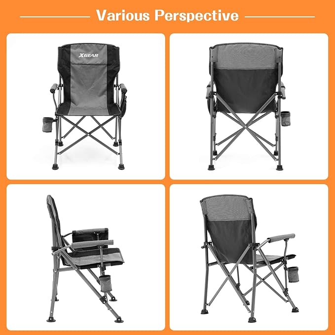 XGEAR Camping Chair with Padded Hard Armrest, Sturdy Folding Camp Chair with Cup Holder, Storage Pockets Carry Bag Included, Support to 400 lbs