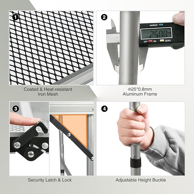 REDCAMP 36x24 Folding Grill Table for Outside, Lightweight Portable Metal Aluminum Outdoor Grill Table with Adjustable Height Legs, Great for Camping Picnic Cooking BBQ, Silver 3ft