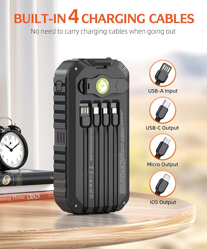 QiSa Solar Charger Power Bank 40000mAh Built in 4 Cables and Hand Crank, Portable Charger 22.5W Fast Charger 6 Outputs & 4 Inputs External Battery Pack with Bright Flashlight and Compass