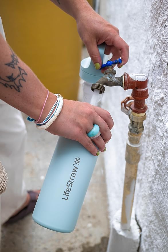 LifeStraw Go Series – Insulated Stainless Steel Water Filter Bottle for Travel and Everyday Use, Removes Bacteria, Parasites and Microplastics, Improves Taste, 18oz Seafoam