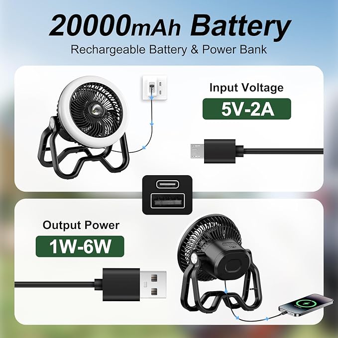 Portable Rechargeable Camping Fan with LED Lantern-40Hrs, Battery Operated Oscillating Fan with Remote, 3 Speeds for Tents, Outdoor, RV, Outage（Black）