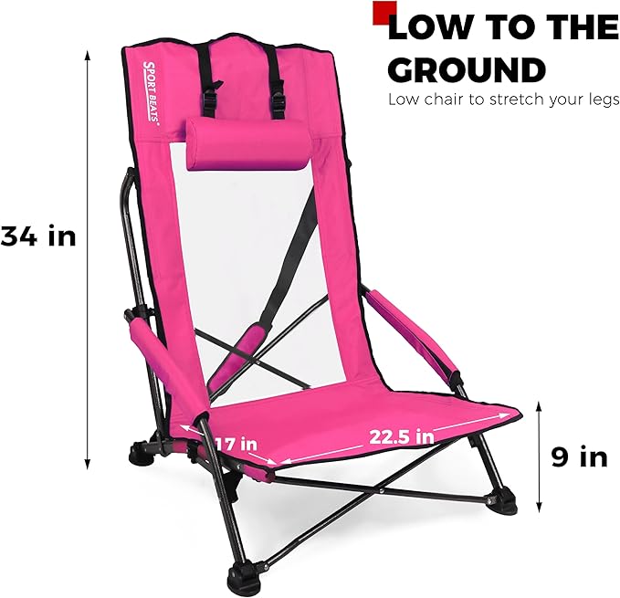 SPORT BEATS Low Beach Chairs Set of 2 Folding Beach Chairs High Back Support with Head Pillows Shoulder Straps