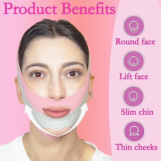 V Line Lifting Mask Chin Strap for Sleeping, Face Lifting Strap, Chin Lifting Mask, Chin Strap, Jawline Shaper, Jaw Strap, Double Chin Reducer, Face Lift Tape & Snoring Solution (Pink-)