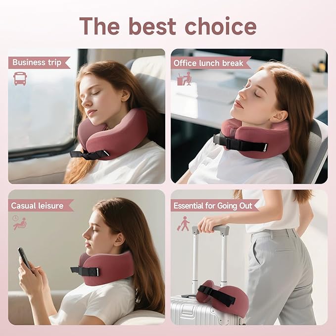 SPRFUFLY Travel Pillow 100% Memory Foam - Neck Pillow for Sleeping, Airplane Pillow with Sleep Mask & Earplugs, Travel Essentials Neck Pillow for Traveling, Long Flights, Train & Office Use(Soft Pink)