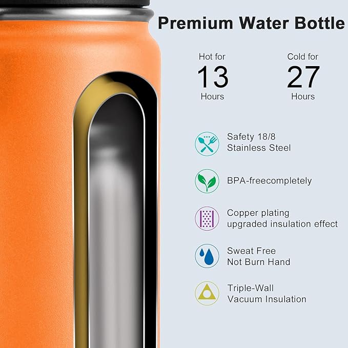 koodee 26 oz Insulated Water Bottle Stainless Steel Double Wall Vacuum Metal Sports Water Bottle with Leakproof Spout Lid, Wide Mouth Water Bottle (Cosmic Orange)
