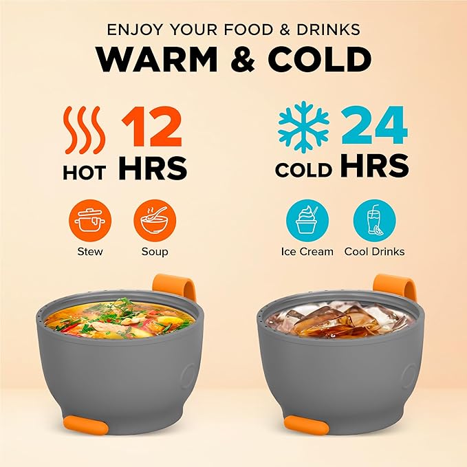 ENERGIFY Vacuum Insulated Food Jar. Large 24oz Bowl incl. Folding Spoon, Cup. Wide Mouth Keep Hot & Cold Drinks Soup Lunch Container for Adults. BPA-Free Stainless Steel, Leak Proof Orange