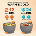 ENERGIFY Vacuum Insulated Food Jar. Large 24oz Bowl incl. Folding Spoon, Cup. Wide Mouth Keep Hot & Cold Drinks Soup Lunch Container for Adults. BPA-Free Stainless Steel, Leak Proof Orange