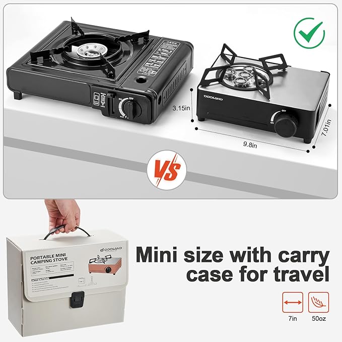 Odoland 7500BTU Camping Butane Stove with Compact Carry Case, CSA Certified Portable Gas Stove for Backpacking,Picnic,Outdoor Adventures,Black