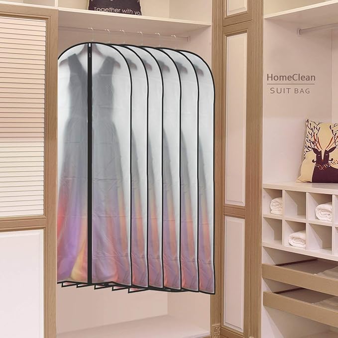 HomeClean Hanging Garment Bag (Set of 6) Lightweight Clear Full Zipper Black Dress Bags PEVA Garment Breathable Bags Cover for Closet Clothes Storage (24'' X 60'', Black)