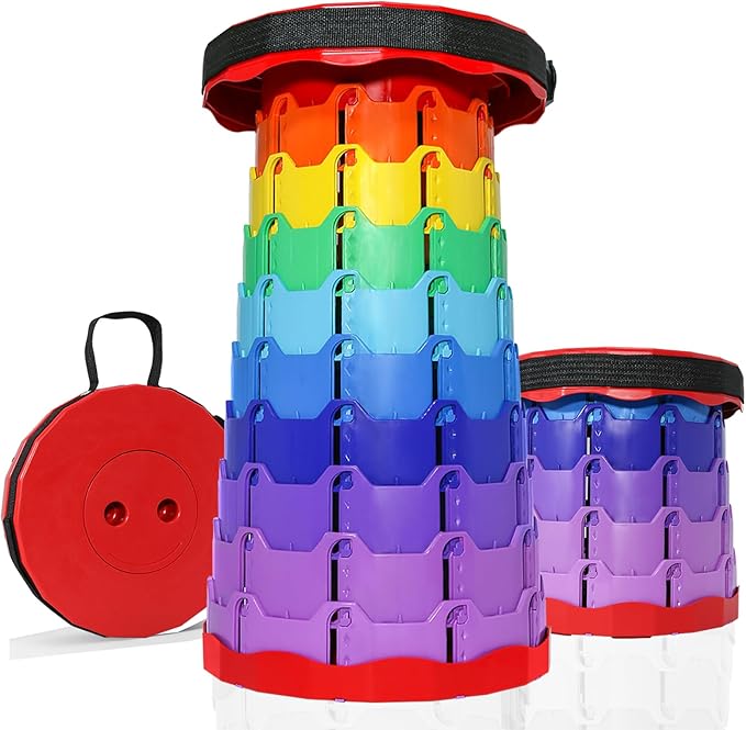 Upgraded Collapsible hickened Portable Camping Stool with Adjustable Height and Retractable for Fishing, Hiking, BBQ, Concert Party, Outdoor (Rainbow Red)