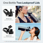 BUZIO 40oz Insulated Water Bottle, Triple Wall Vacuum Stainless Steel Water Flask with 2 lids, Lead-Free BPA-Free Straw Lid Sports Canteen Jug, Cold 48H & Hot 24H- Black