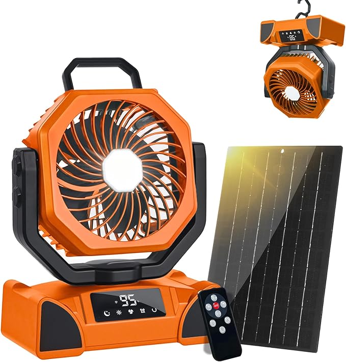 20000mAh Solar Camping Fan, Portable Rechargeable Battery & Solar Powered Fan with 7W Solar Panel, Remote Control, Auto Oscillating, LED Display, Light, Timer for Outdoor Camp, Beach, Travel Tent
