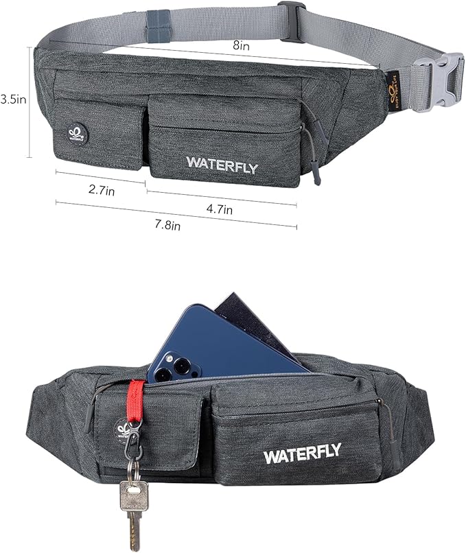 WATERFLY Fanny Pack for Women Men Water Resistant Small Waist Pouch Slim Belt Bag with 4 Pockets Lightweight Crossbody Chest Bag Fit All Phones, 11.02 x 2.1 x 4.3 inch,11.02 x 2.1 x 4.3 inch