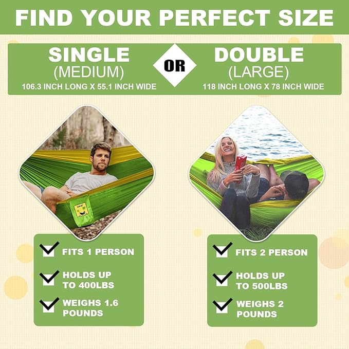 SZHLUX Camping Hammock Double & Single Portable Hammocks with 2 Tree Straps, Great for Hiking,Backpacking,Hunting,Outdoor,Beach,Camping