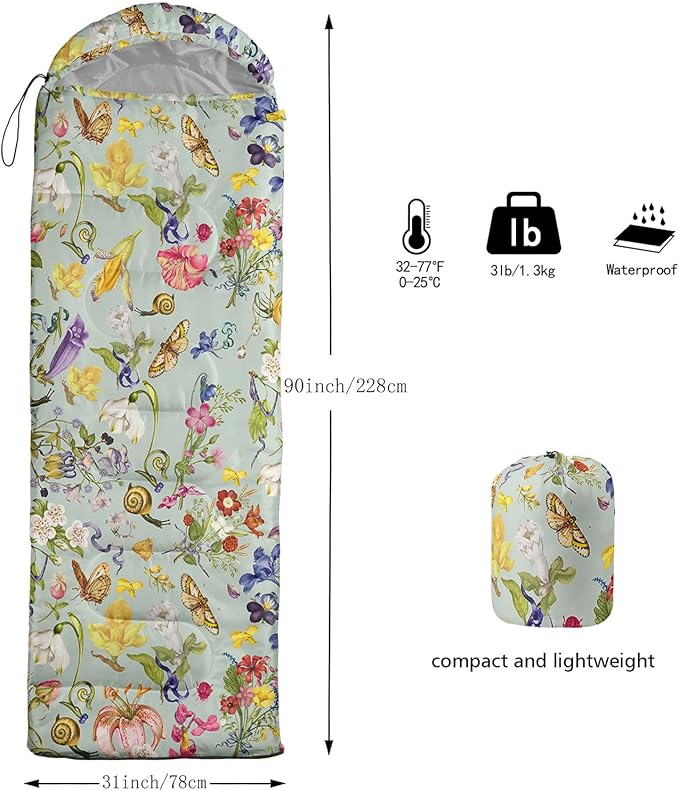 Sleeping Bags for Adults and Kids，3D Printing Camping Sleeping Bag for Girls Boys Lightweight Waterproof Cold/Warm 3-Season，Outdoor Travel with Compression Bags