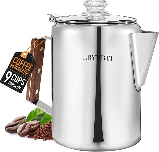 Percolator Pot Stainless Steel Camping Coffee Pot-NO Aluminum or Plastic Camping Coffee Pot Stovetop (9 cup)