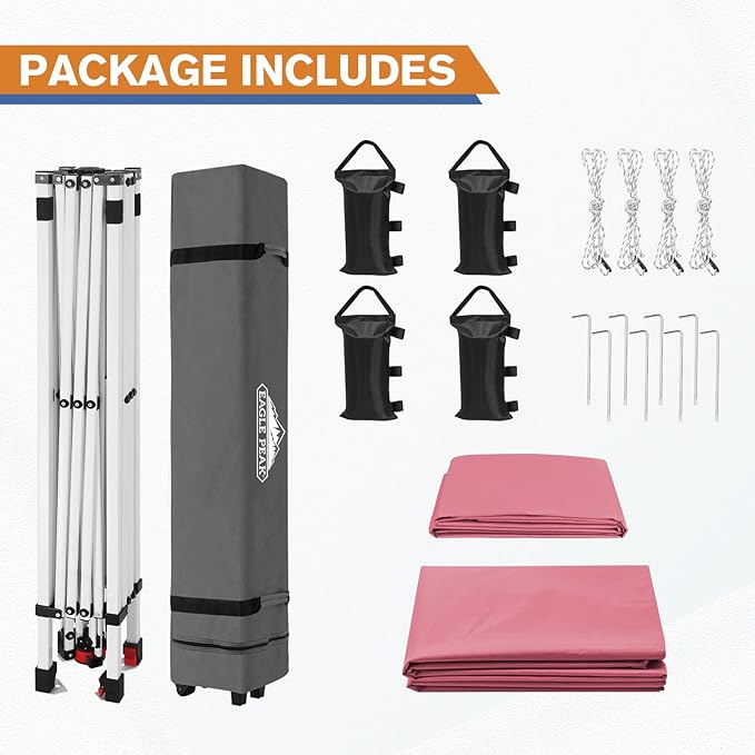 EAGLE PEAK Pop Up Canopy Tent with 1 Sidewall, Easy Setup Event Tent, Outdoor Sun Shade, Wheeled Carry Bag, Stakes and Guy Ropes, Instant Canopy 10x10, Peach Pink