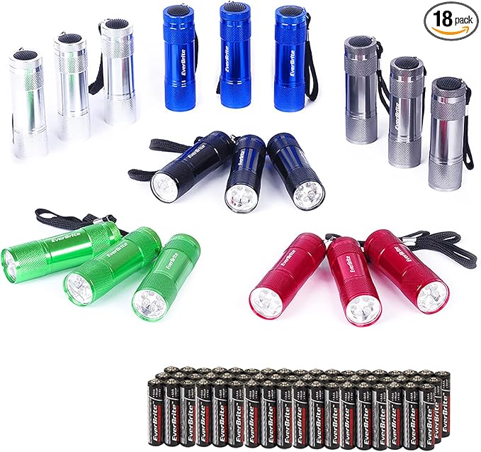 EverBrite 18-Pack Mini LED Flashlight Set - Portable Flashlights Ideal for Hurricane Supplies Camping, Night Reading, Cycling, BBQ, Party, Backpacking - Includes Lanyard & 54 x AAA Batteries