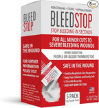 BleedStop™ First Aid Powder for Blood Clotting, Trauma Kit, Blood Thinner Patients, Camping Safety, and Survival Equipment for Moderate to Severe Bleeding Wounds or Nosebleeds 5 Pack 15g