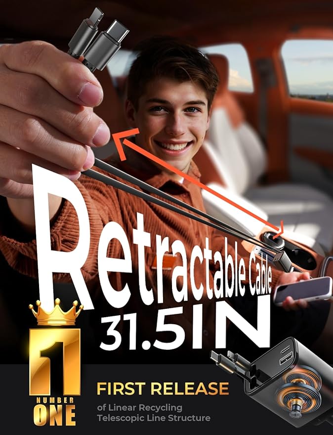 LISEN Retractable Car Charger, Gifts for Men Women, 84W Car Adapter USB C Fast Charger for iPhone, Travel Essentials Car Accessories for Men Women Gifts for iPhone 17 16 15 14 13 12 11 X Samsung S26