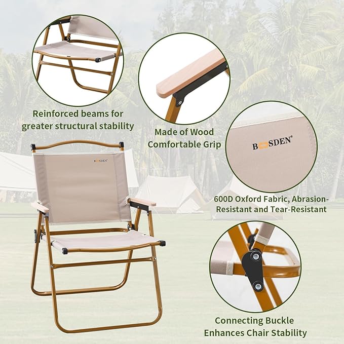 BOOSDEN Camp Chair, Portable Outdoor Wide Folding Camping Chairs, Ultralight Beach Chair with Wooden Handle for Picnic Lawn Leisure Park Travel Hiking Fishing, Foldable Chairs Support 330Lbs