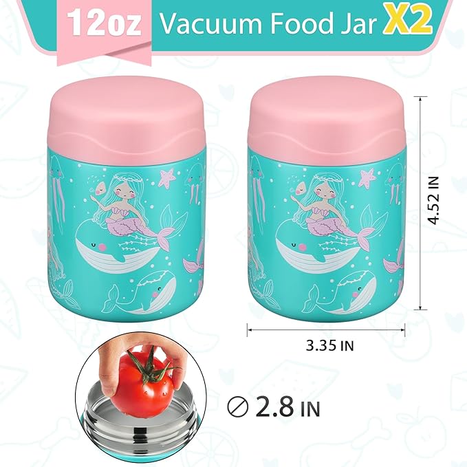 12oz 2 Pack Insulated Food Jar Set for Kids Soup Thermo Hot Food Lunch Container Wide Mouth Leak Proof Stainless Steel Vacuum Bento Box for School Office Travel Outdoors