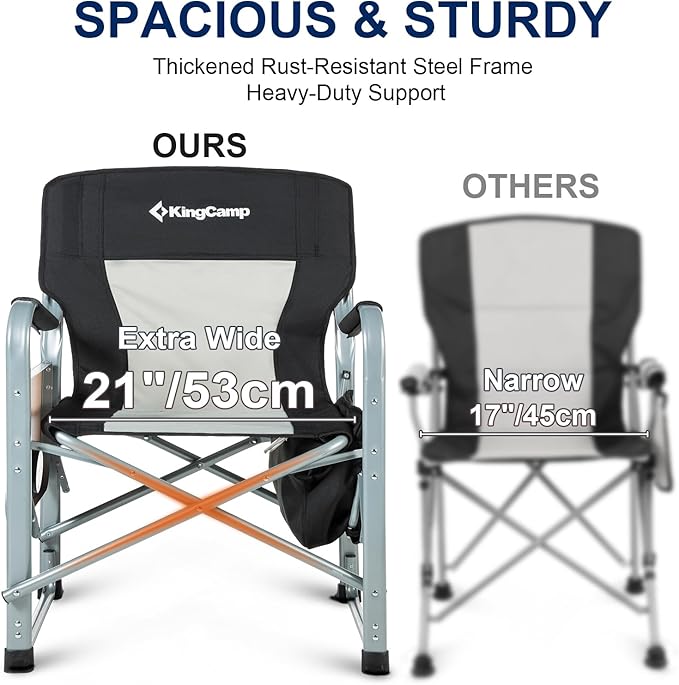 KingCamp XXL Oversized Directors Chair with Side Table, Heavy Duty Camping Chairs 600lbs with Cooler Bag, Portable Folding Camp Chair with Wide Seat for Camping Hiking Fishing Lawn Outdoor and Sports