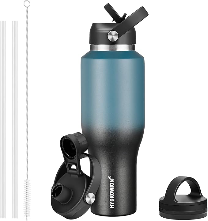 HYDROWION Insulated Water Bottles, Water Bottle fits in Car Cup Holder (Cold 48 hrs, Hot 24 hrs) with Straw Lid, Spout Lid and Flex Cap,T-shpaed Water Bottle Leakproof Travel Thermo Tumbler,Blue&Black