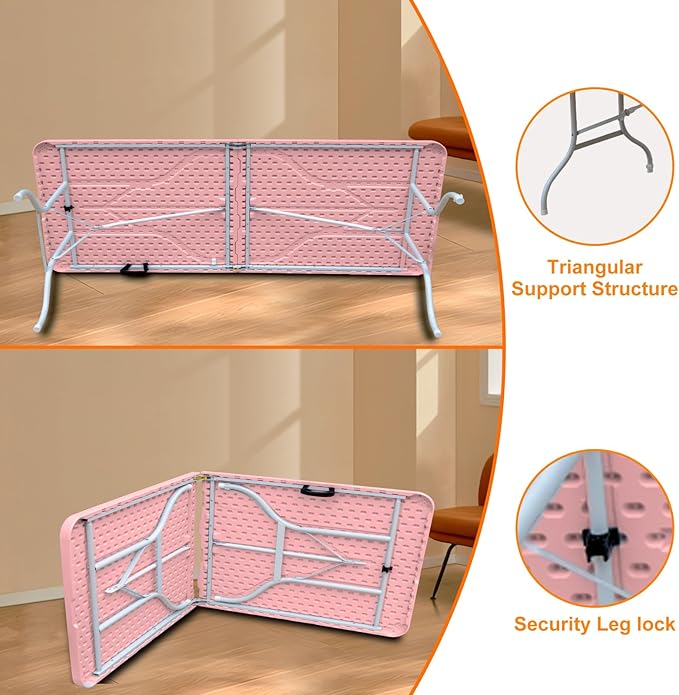 8 FT Folding Table with Carry Handle, Portable Fold-in-Half Plastic Table, Rectangle Foldable Table for Indoor/Outdoor Pink