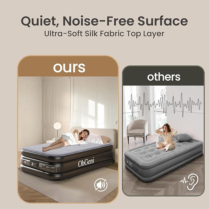 OhGeni 20" Luxury Twin Air Mattress with Built-in Pump, Inflatable Bed with Silk Foam Topper for Superior Comfort, Premium Blow-Up Mattress for Home, Camping & Guests, Easy Setup, Extra Support, Black