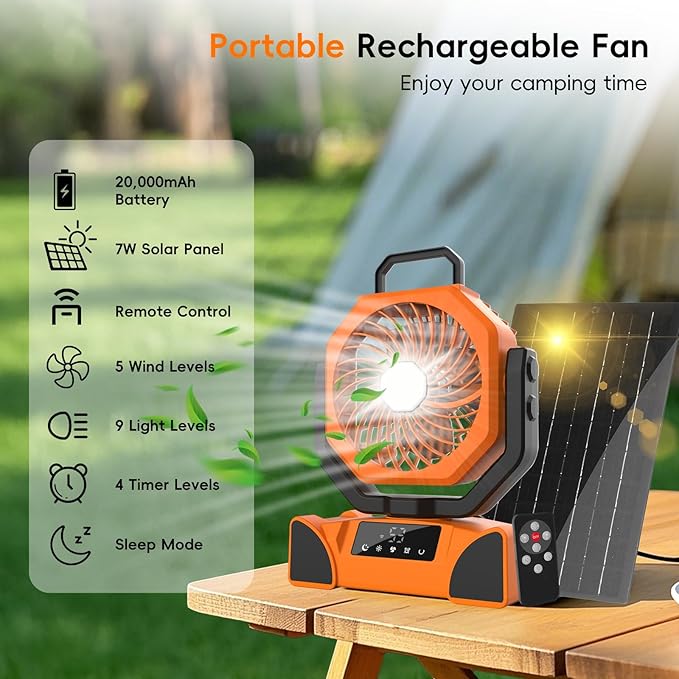 20000mAh Solar Camping Fan, Portable Rechargeable Battery & Solar Powered Fan with 7W Solar Panel, Remote Control, Auto Oscillating, LED Display, Light, Timer for Outdoor Camp, Beach, Travel Tent