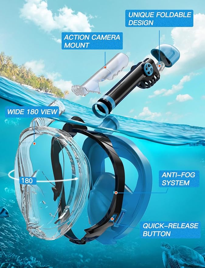 Zenoplige Full Face Snorkel Mask Adults,Dry-Top Snorkeling Gear with Camera Mount,Foldable 180-Degree Panoramic Scuba Mask for Snorkeling Diving Swimming Travel,Snorkel Mask Anti-Fog & Anti-Leak