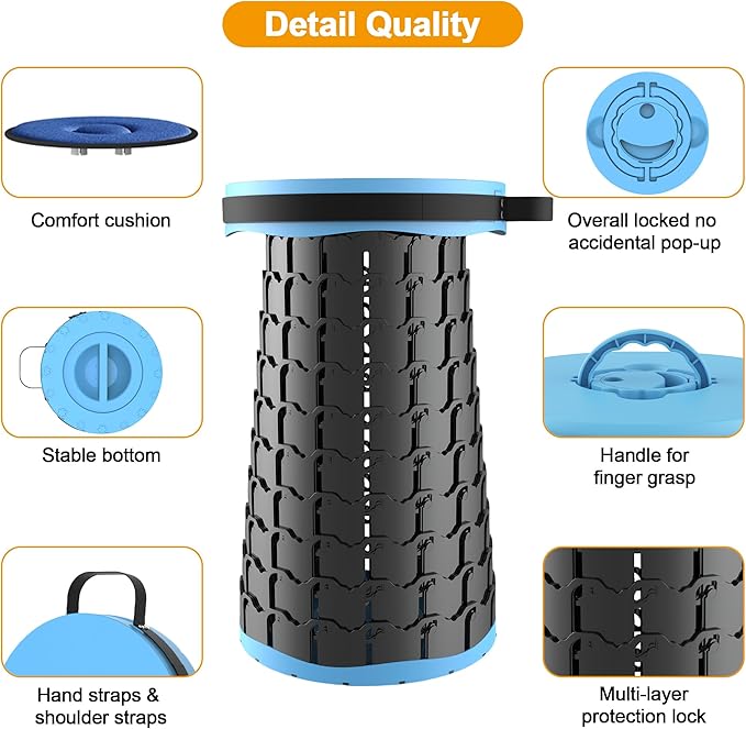 ALEVMOOM Upgraded XXL 19.7" Collapsible Stool, Heavy Duty Portable Folding Stool Max Load 1000 lbs, Retractable Telescoping Foldable Seat for Camping Fishing Hiking Travel BBQ